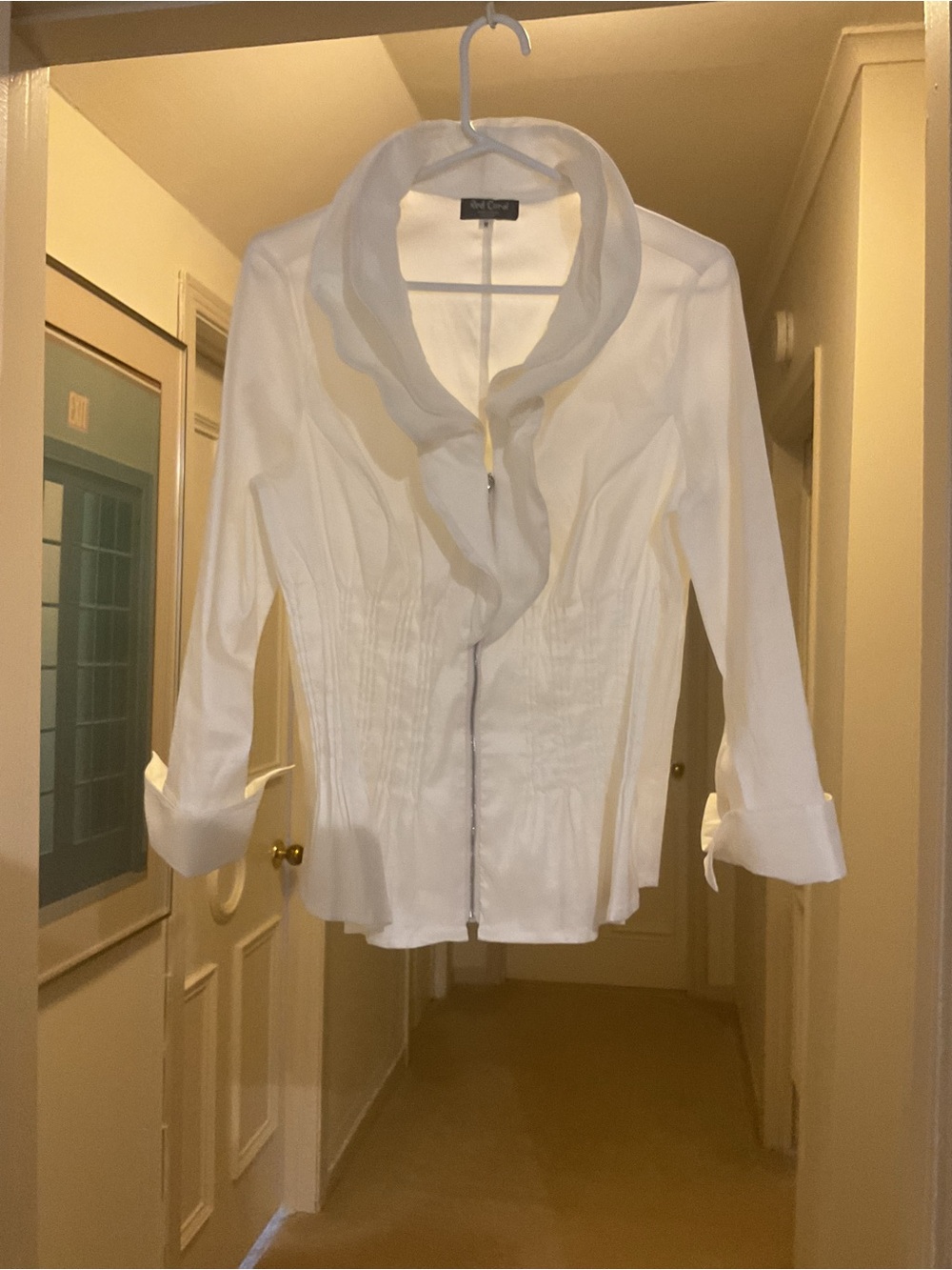White Ruffled Collar Zip-Front Blouse